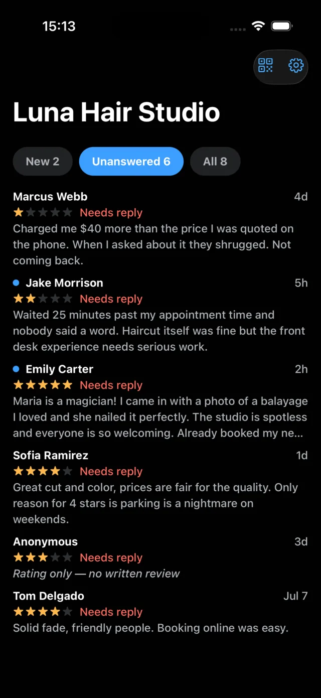 The Replyo inbox for Luna Hair Studio, showing six reviews sorted with the lowest ratings first and each one marked Needs reply.