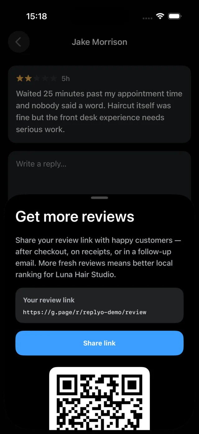 The Get more reviews sheet in Replyo, showing a shareable review link, a Share link button and a printable QR code.