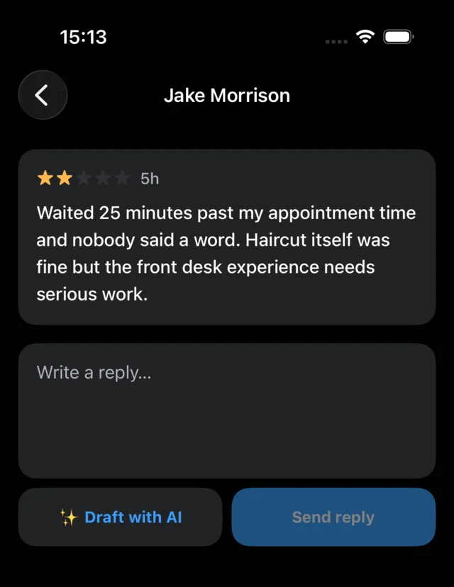 A two-star review from Jake Morrison open in Replyo, with an empty reply box and two buttons: Draft with AI, and Send reply.